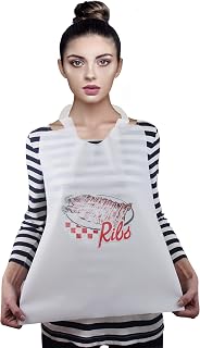 Pack of 500 Ribs Design Bibs 15.5 x 20 with Ties Thickness 1.375 Mil Adult Polyethylene Bibs 15 1/2 x 20 Ribs Print Waterproof Disposable Poly Bibs for Food Service Restaurants