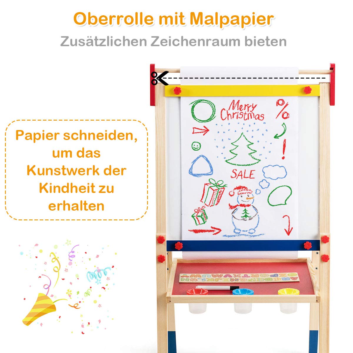 COSTWAY 3 in 1 Kinder Staffelei, Kindertafel doppelseitig, Whiteboard & Kreidetafel & Zeichenpapier, Standtafel, Spieltafel, Holztafel, höhenverstellbar, inkl. Zubehör