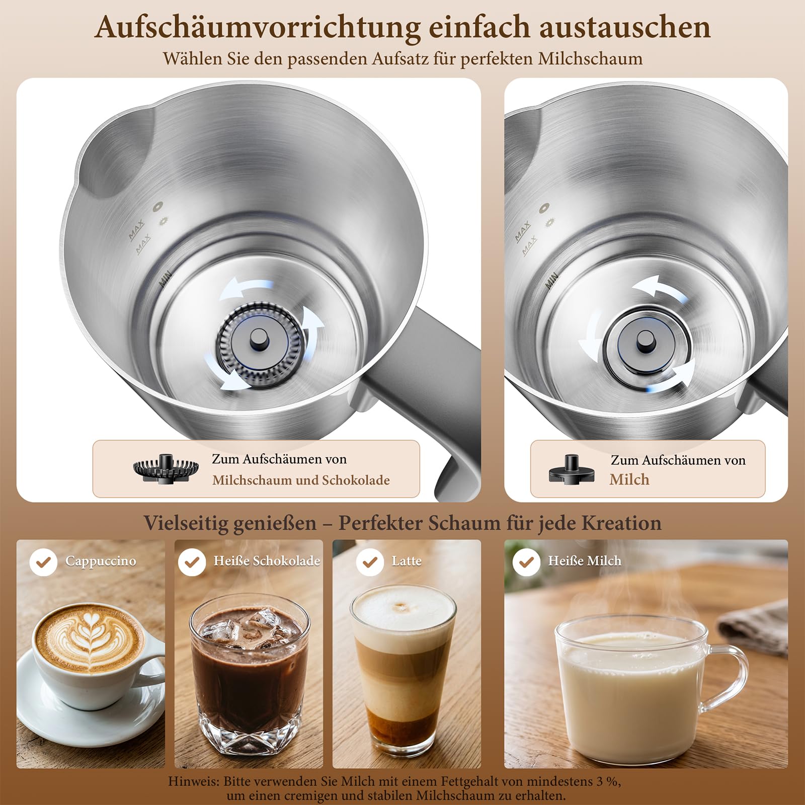 TOMEEM 4-in-1-Milchaufschäumer, geeignet für heißen und kalten Milchschaum