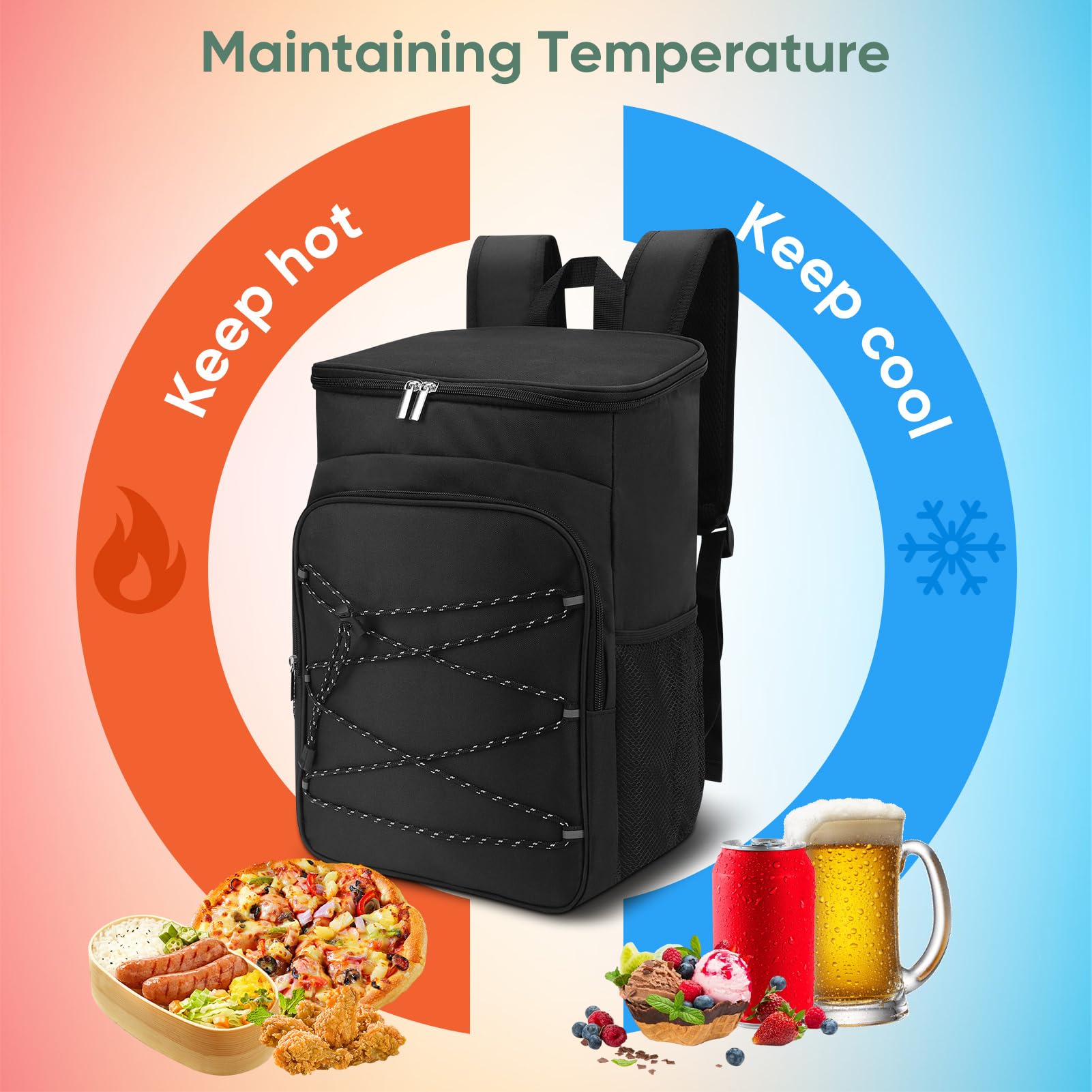 Isolierter Picknickrucksack Kühltasche 24L, Wasserdichter Camping Rucksack Kühlbox mit Seitentaschen für Outdoor, Strand, Reisen, Büro