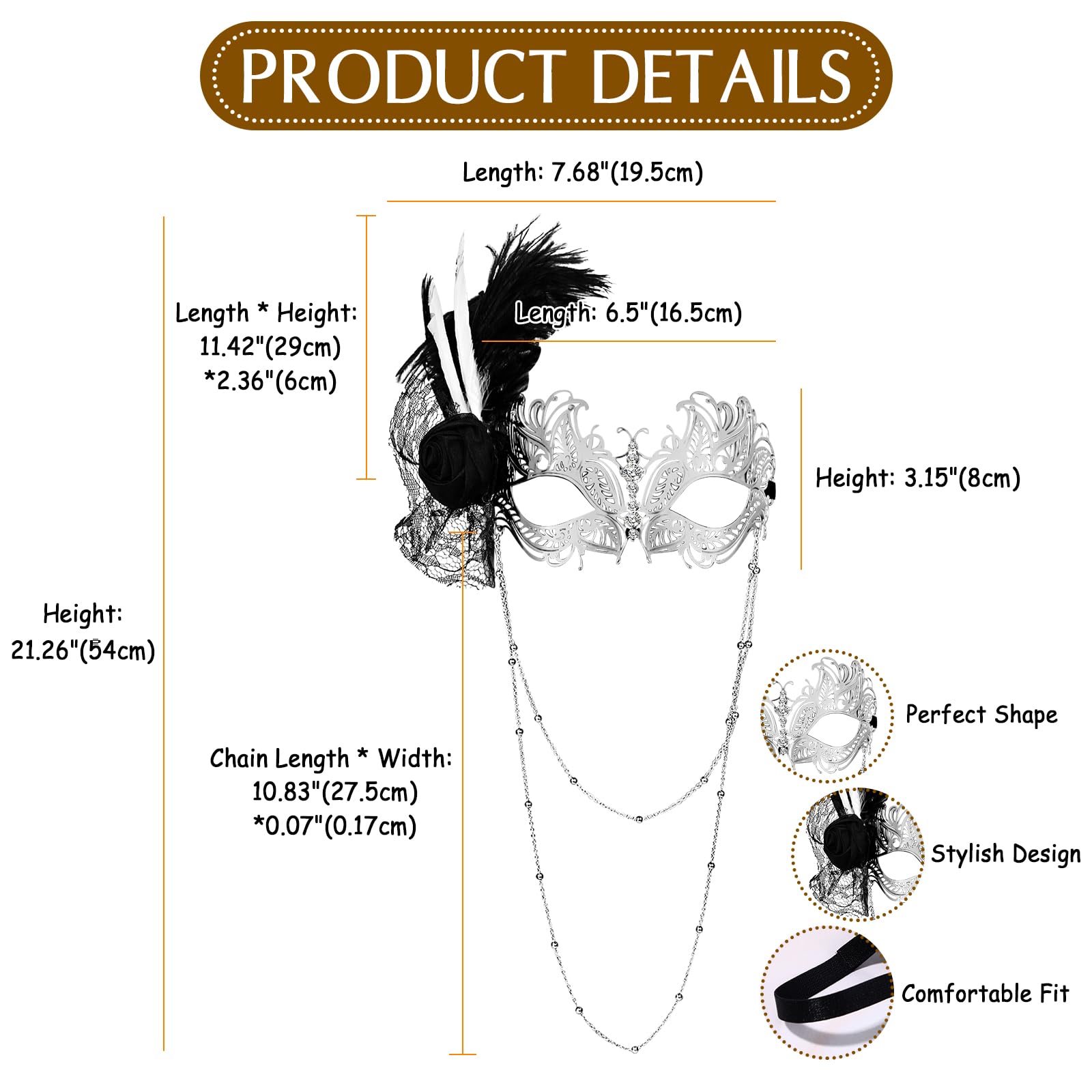 Oidea Feather Masquerade Mask for Women: Flower Venetian Party Mask Mardi Gras Masks Prom Ball Cosplay Costume Facial Decoration with Bead Chain Silver - Image 3