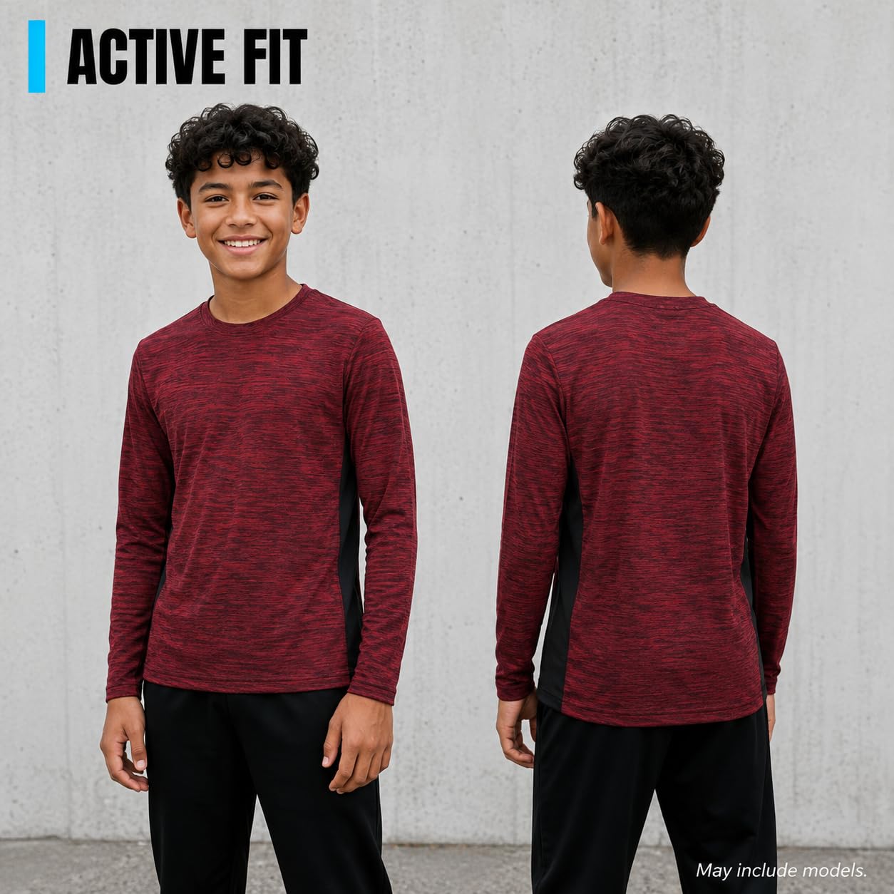 Essential Elements Jungen Sport-T-Shirt, schnelltrocknend, Rundhalsausschnitt, langärmelig, 5er-Pack | Leichter, feuchtigkeitsableitender Stoff mit 4-Wege-Stretch, atmungsaktiv für Sport, Fitnessstudio und aktives Spielen