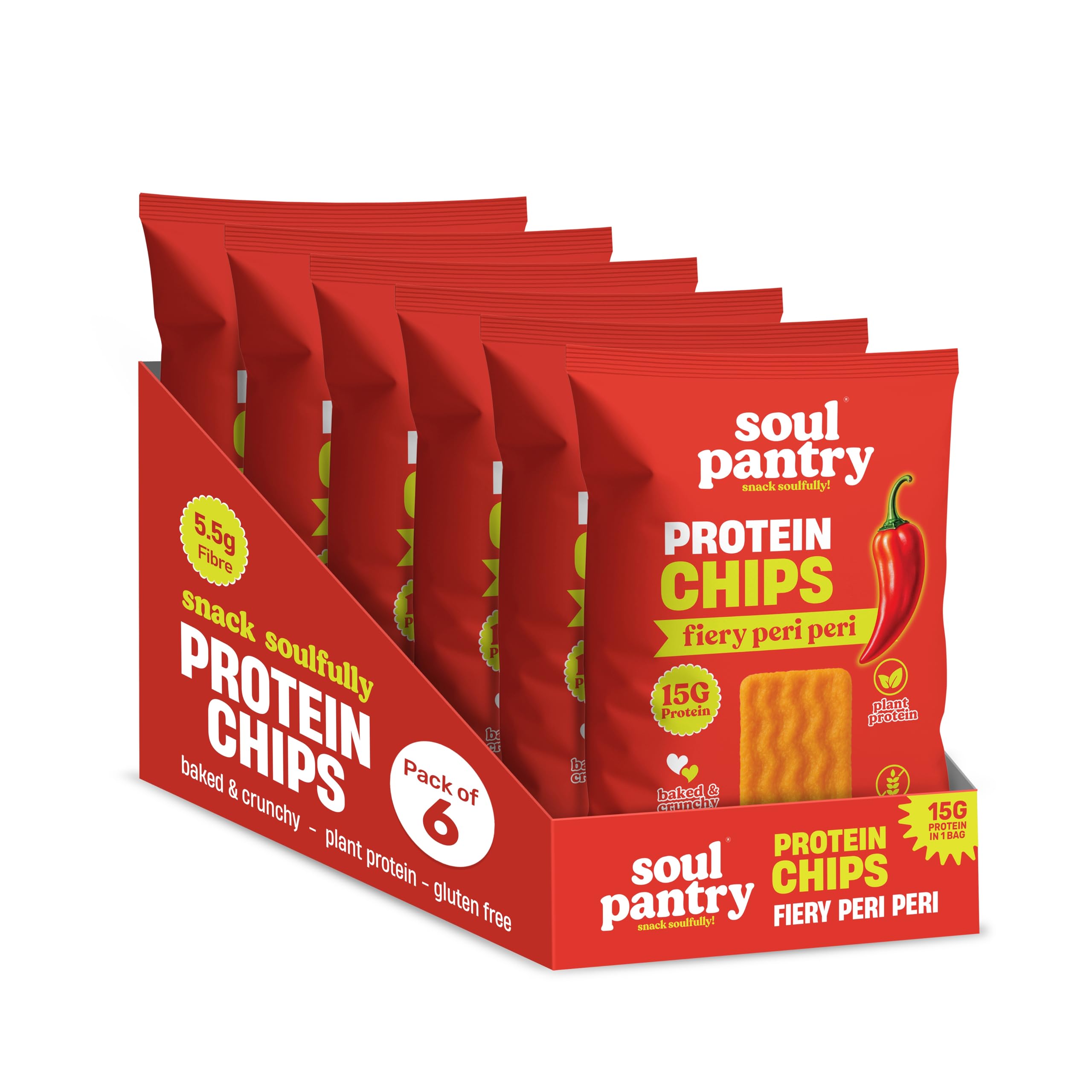 Protein Chips – Peri Peri Flavor - 6 Pack | High Protein, Gluten Free, Vegan, Healthy Snack | Plant-Based Baked Chips, Non-GMO |