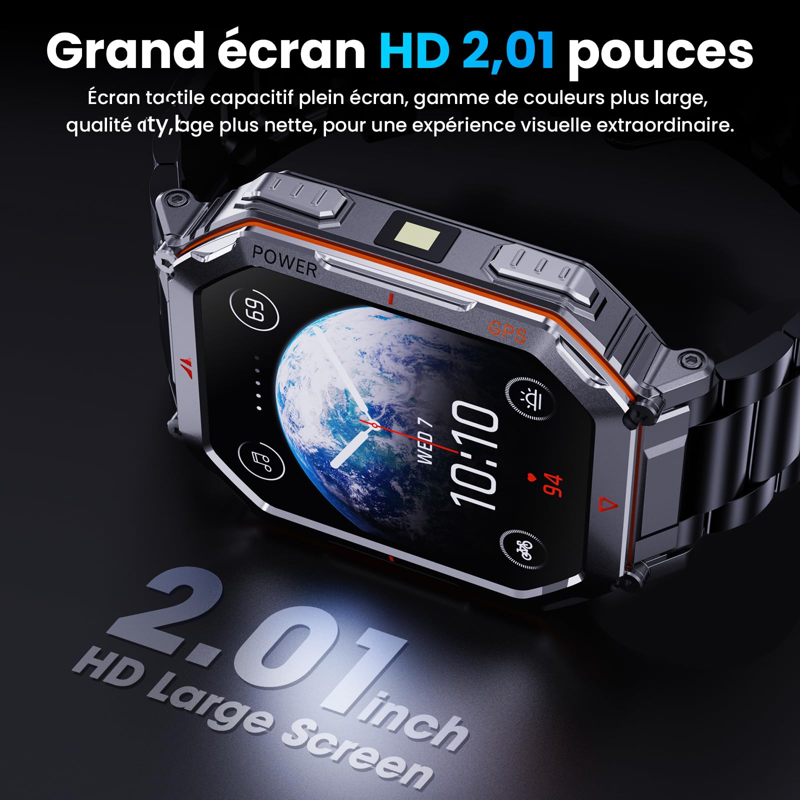 Montre Connectée Militaire en Acier 2,01 ", avec Vocal GPT/GPS/Boussole | AI Cadran Montre Intelligente, Affichage HD 2,01 "Appel Bluetooth, Compatible avec Android et iOS, 100+ Modes Sportifs GPS