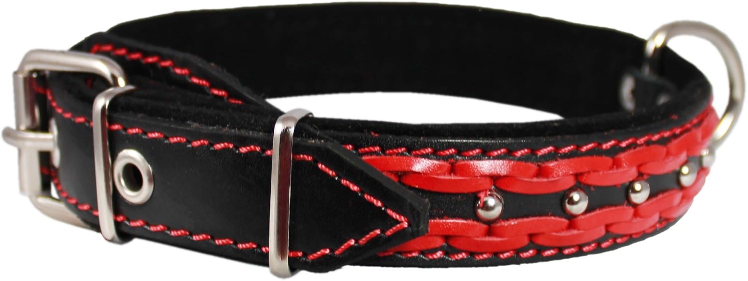 Genuine Leather Braided Studded Dog Collar,Red on Black 1.25" Wide. Fits 16"-20.5" Neck.
