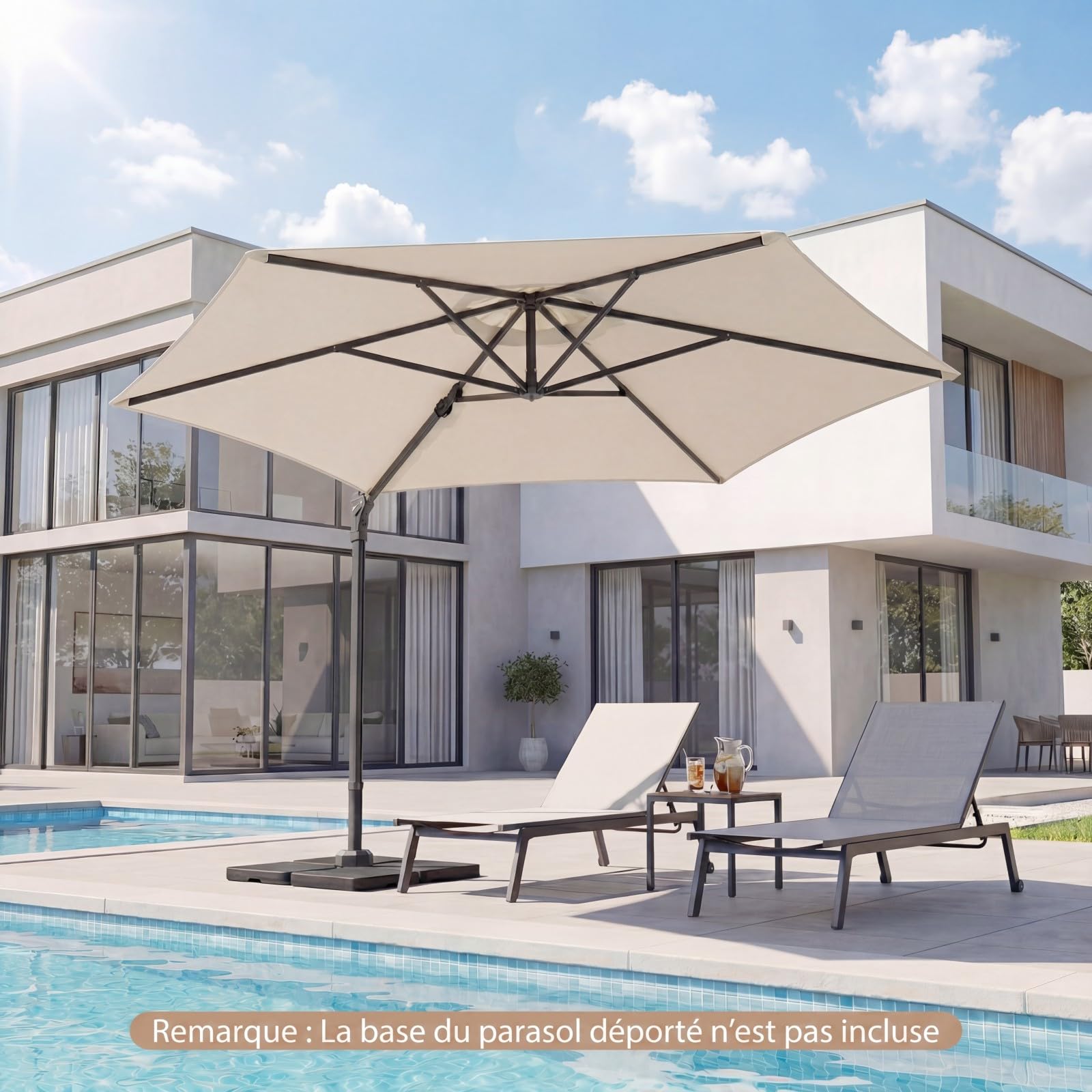 COSTWAY Parasol de Jardin Extérieur, Parasol Déporté Hexagonale avec Rotation 360° Réglable, Socle en Croix, Amovible, Support Métallique, Protection Solaire, pour Balcon, Patio, Terrasse (Beige)