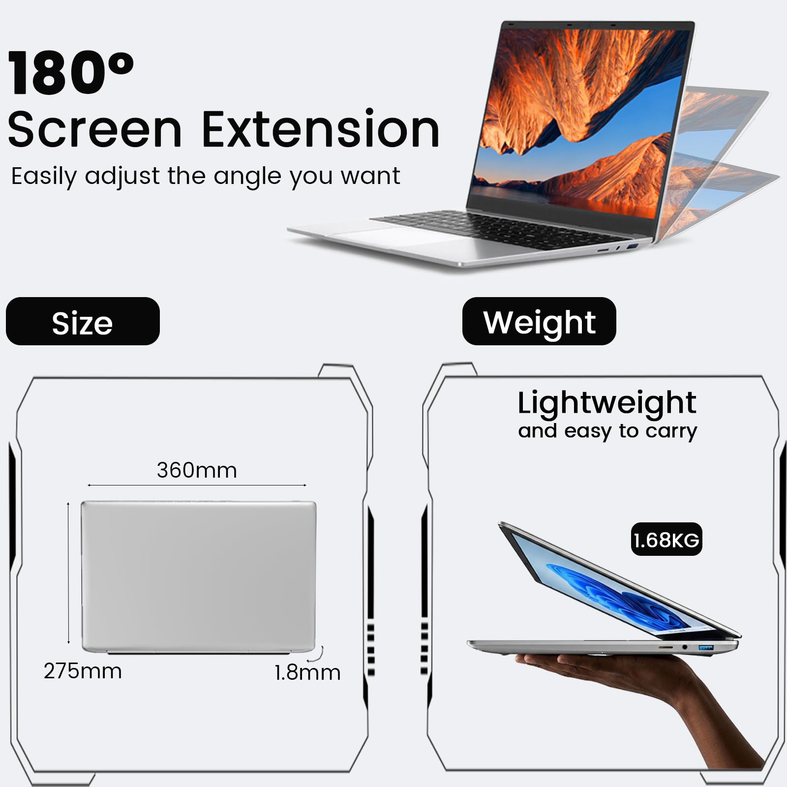 Kayoote 15,6" Ordenador Portátil FHD IPS con procesador Celeron N4500, 6GB RAM 256GB SSD, Win 11 Pro PC Portátil con Webcan, Laptop 2*USB3.0, HDMI, Wi-FI5, BT4.2, 4000mAh Battery — view 5