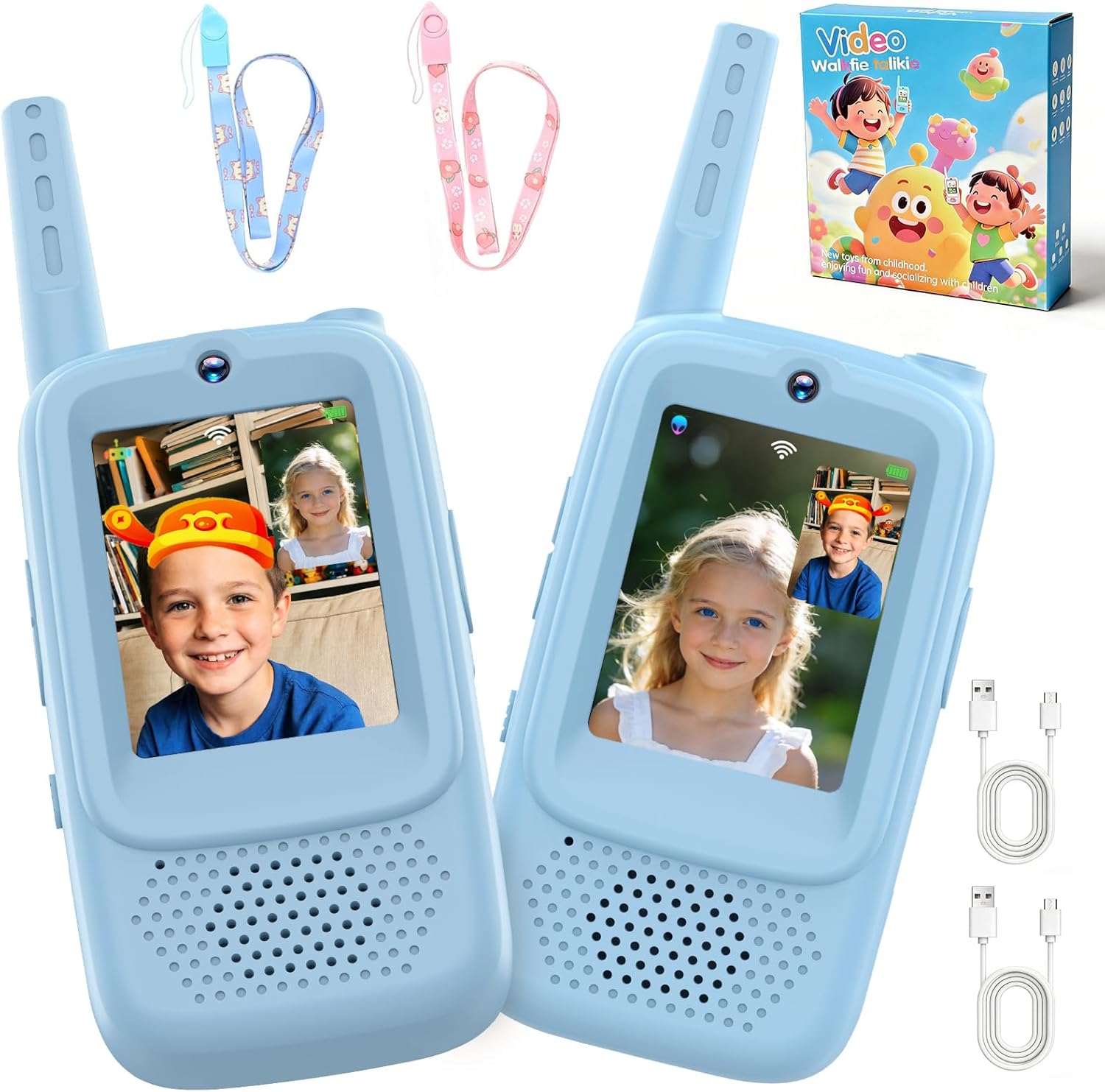 Video Walkie Talkies for Kids, 2 Pack Rechargeable Video Intercom Kids Walkies Talkies with Camera, Indoor Outdoor Toys for Family Games, Garden, Camping, Hiking, Gifts for Boys Girls Ages 3-12, Blue