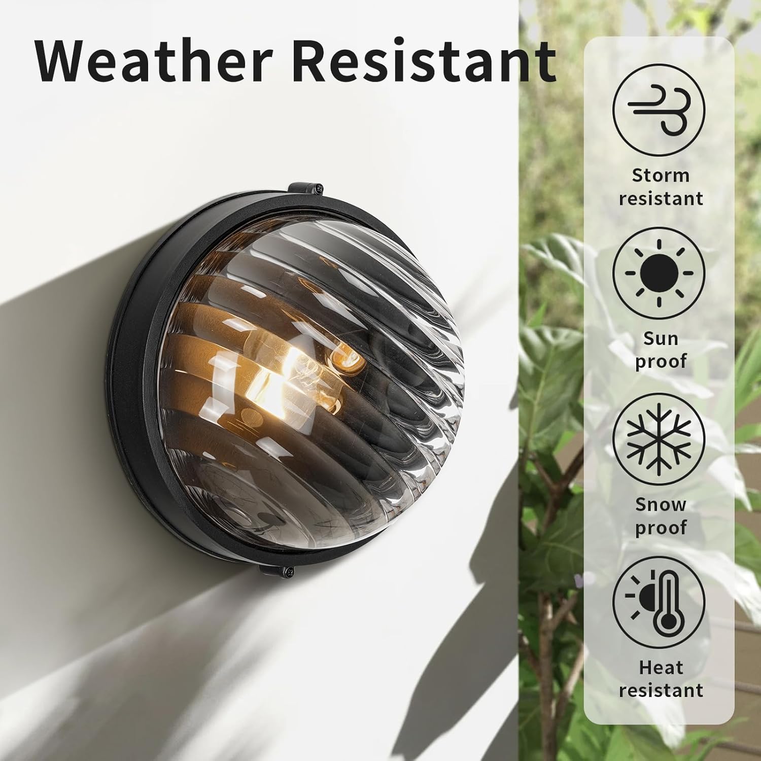2Pcs Outdoor Round Bulkhead Light Flush Mount Ceiling, 9.5'' Waterproof Sauna Light Exterior Wall Light Fixtures with Black Aluminum Housing and Thickened Glass, for Deck, Cabin, Porch