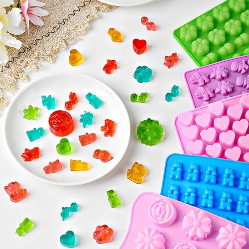 Miniatura 6 de Moldes de caramelo de goma con 2 goteros, los moldes de silicona incluyen oso, dinosaurio, corazón, flor, pata, 5 piezas, 210 cavidades