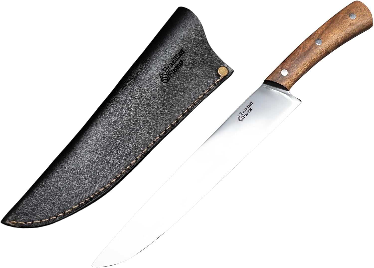 Brazilian Flame Chef Barbecue Full Tang 10” Full Tang Stainless Steel Steakhouse Knife – 420c Blade, Imbuia Wood Handle, Handcrafted Knife for BBQ and Kitchen (Stainless Steel Picanha Point)