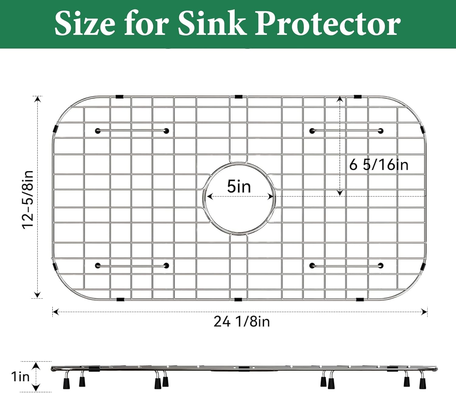 GUUKIN Sink Protectors for Kitchen Sink Bottom, 24" x 12"Stainless Steel Sink Protector with Center Drain Hole, Sink Rack with Extra Replacement White Rubber Feet