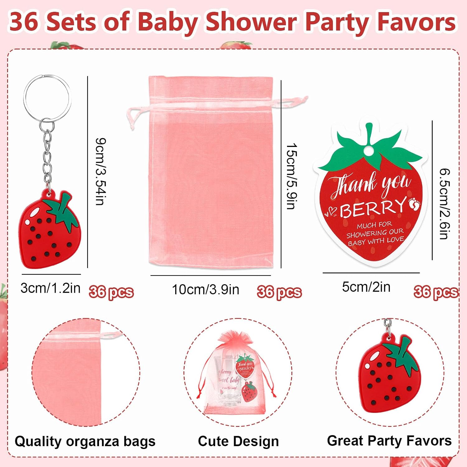 36 Sets Strawberry Party Favors for Guests, Cute Strawberry Shower Decorations, Gender Reveal Clear Acrylic Glasses Keychains Thank You Tags Organza Bags, Berry Sweet Party Shower Decorations