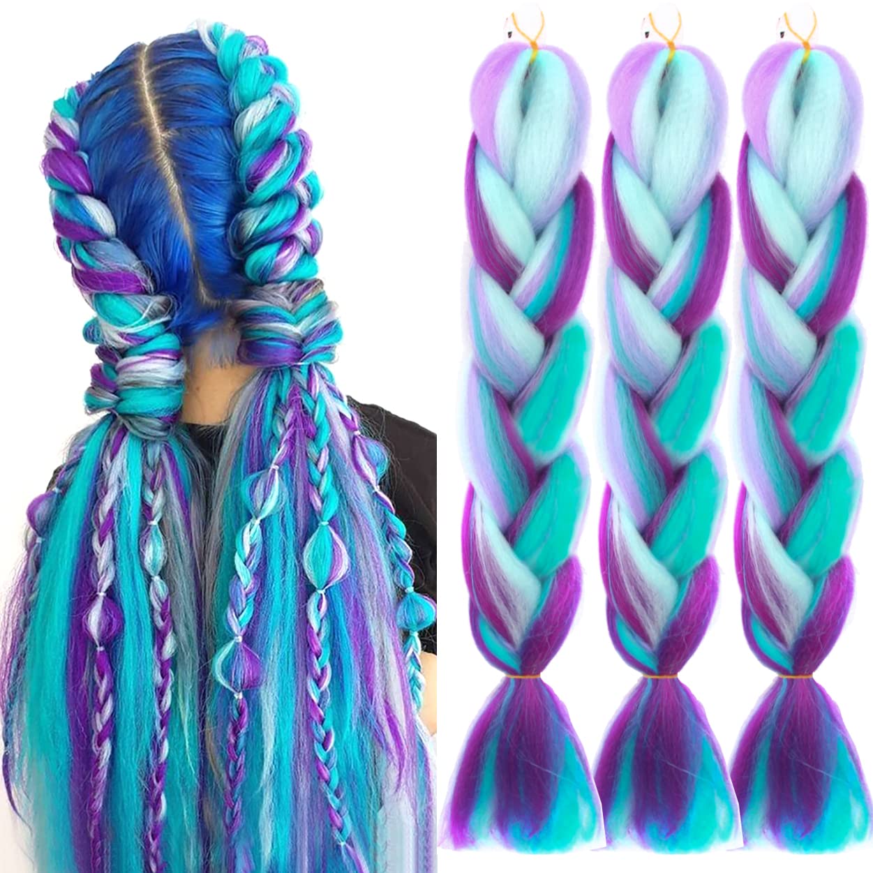 3 piezas Kanekalon Extensiones de Pelo Trenzas Africanas,Pelo Resistente al calor Sintetico Para Trenzas Natural Crochet Braiding Hair,Cian/Púrpura/Azul/rosado,24" 60cm