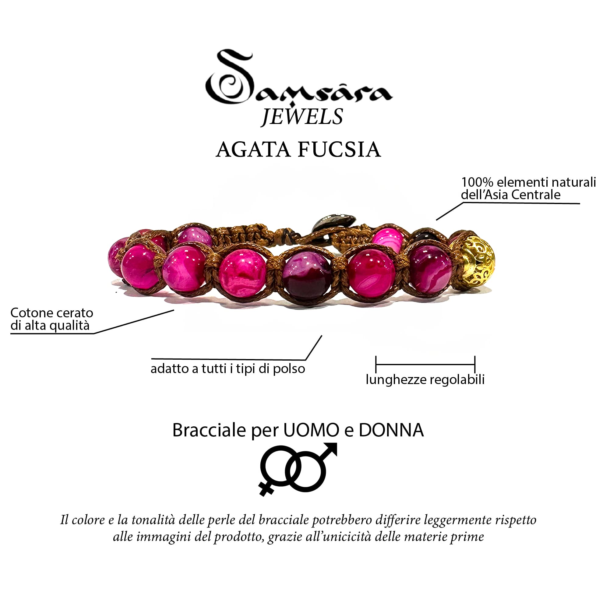 Samsara Bracciale Tibetano Buddista - Shamballa con Agata Fucsia - Filo in cotone cerato