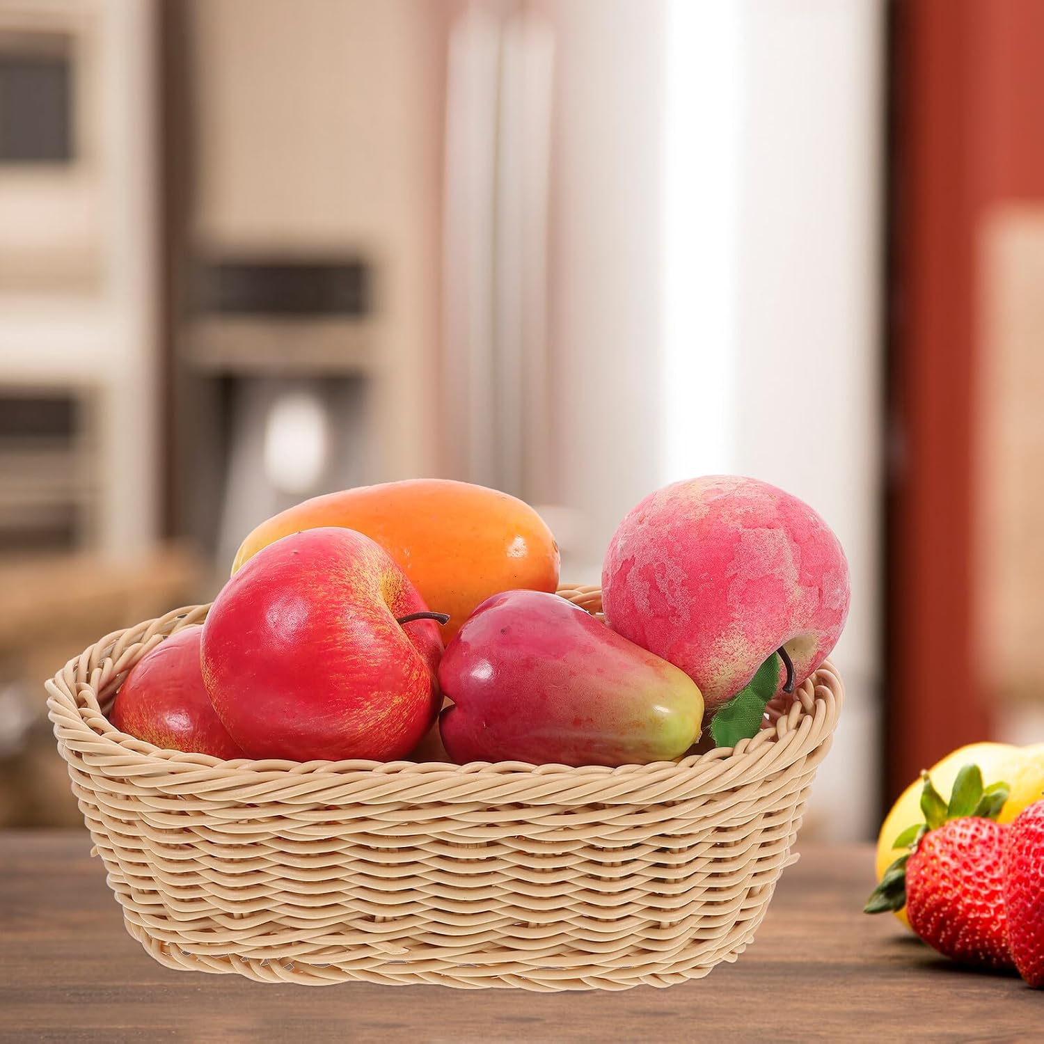 Oval Bread Basket with Handle, PP Handwoven Imitation Rattan Tray