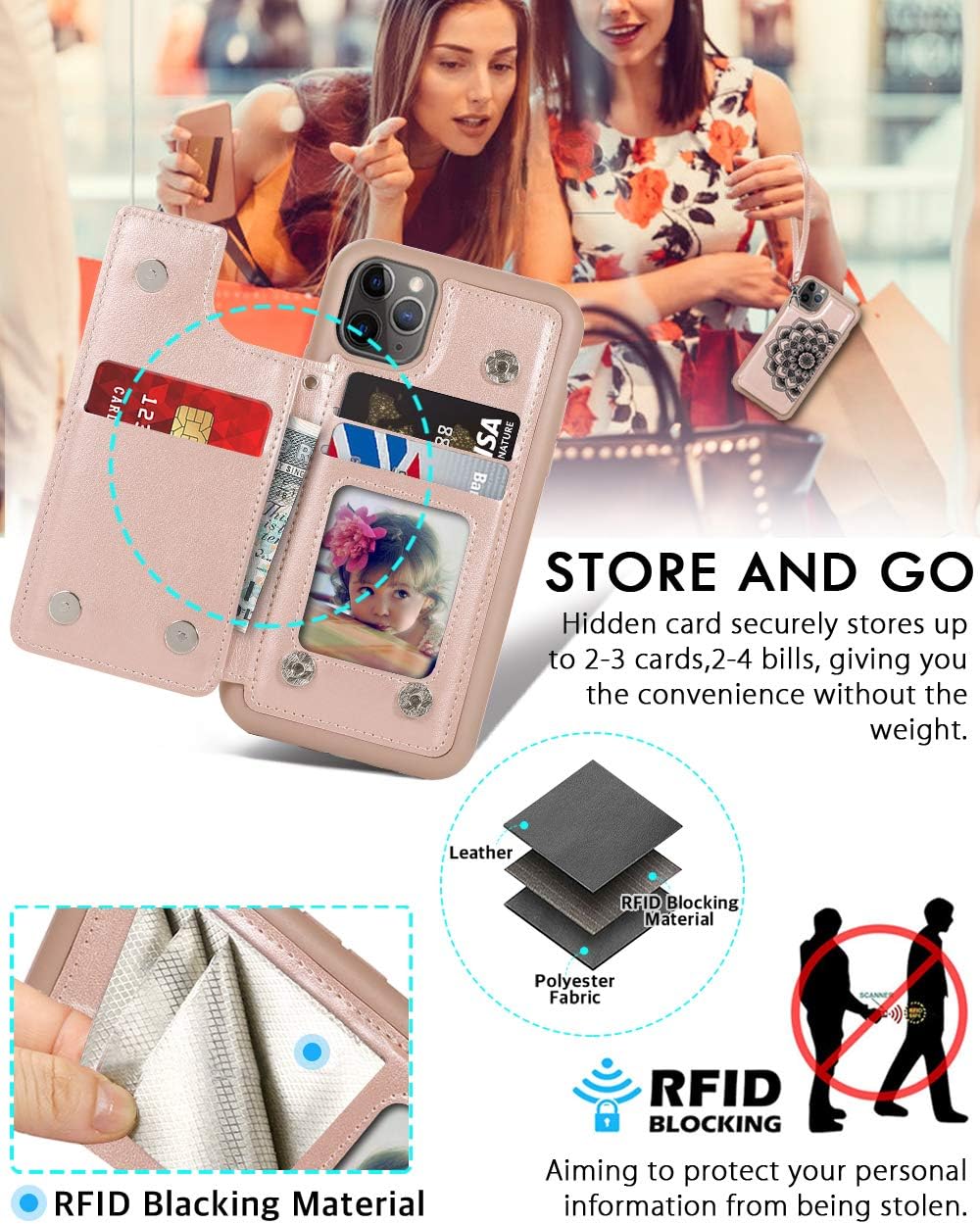 CASEOWL iPhone 11 Pro Max Case,Wallet with Card Holder,RFID Blocking,Kick Stand,Wrist Strap,Fit Magnetic Car Mount,Mandala Embossed Leather Back Flip Cover Case for iPhone 11 Pro Max(2019),Rose Gold