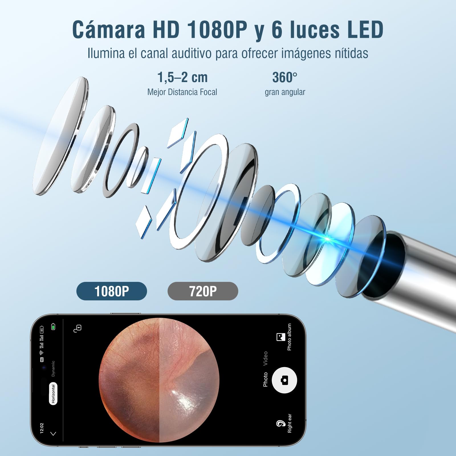 Otoscopio 1080P HD Limpiador Oidos Endoscopio con 6 cucharas para oído 3,5 mm 6 LED con cámara de oído para iPhone, iPad y Android