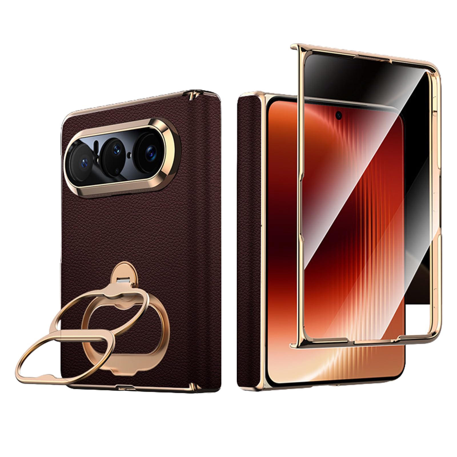 FDUJINH Genuine Leather Cover for Huawei Pura X Max, Folding Rotating Kickstand Case Electroplated Anti-Fall Hinge Full Body Protection Shell