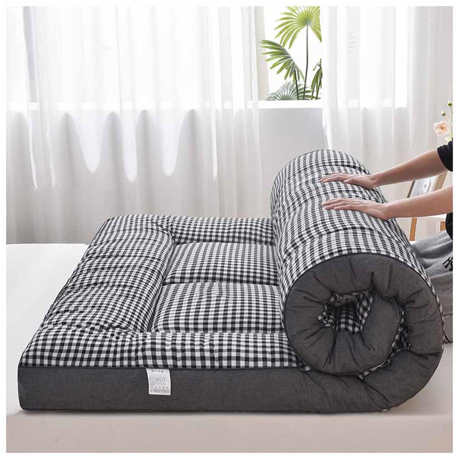Matelas Futon Japonais Épais et Confortable, Tapis de Couchage, Tatami for Dortoir, Chambre ou Chambre d'amis(Black Plaid,90x200cm)