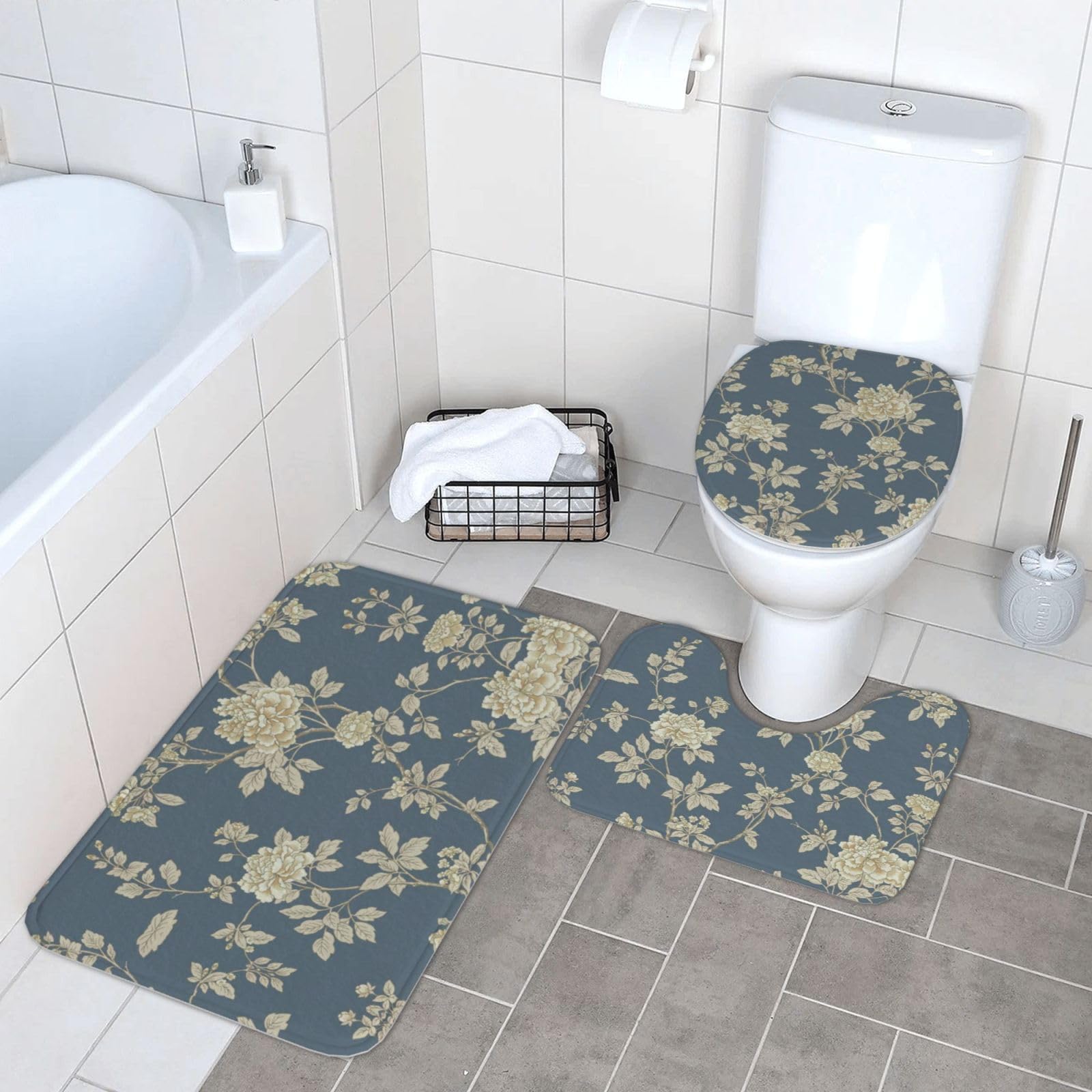Tapis de salle de bain fleurs bleues ensemble sécurité sol humide