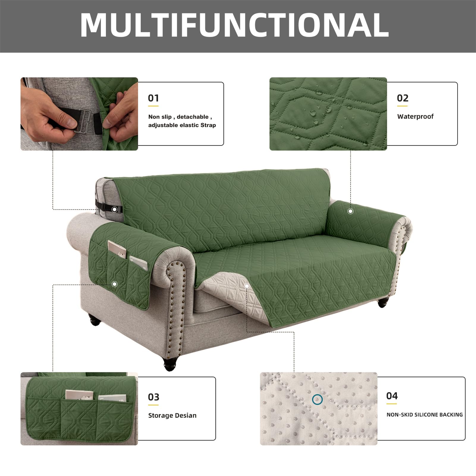 Funda impermeable para sofá de 2 plazas, apta para mascotas, con reposabrazos, resistente a los arañazos, ajuste universal para sofás de 1 a 4 plazas, color verde