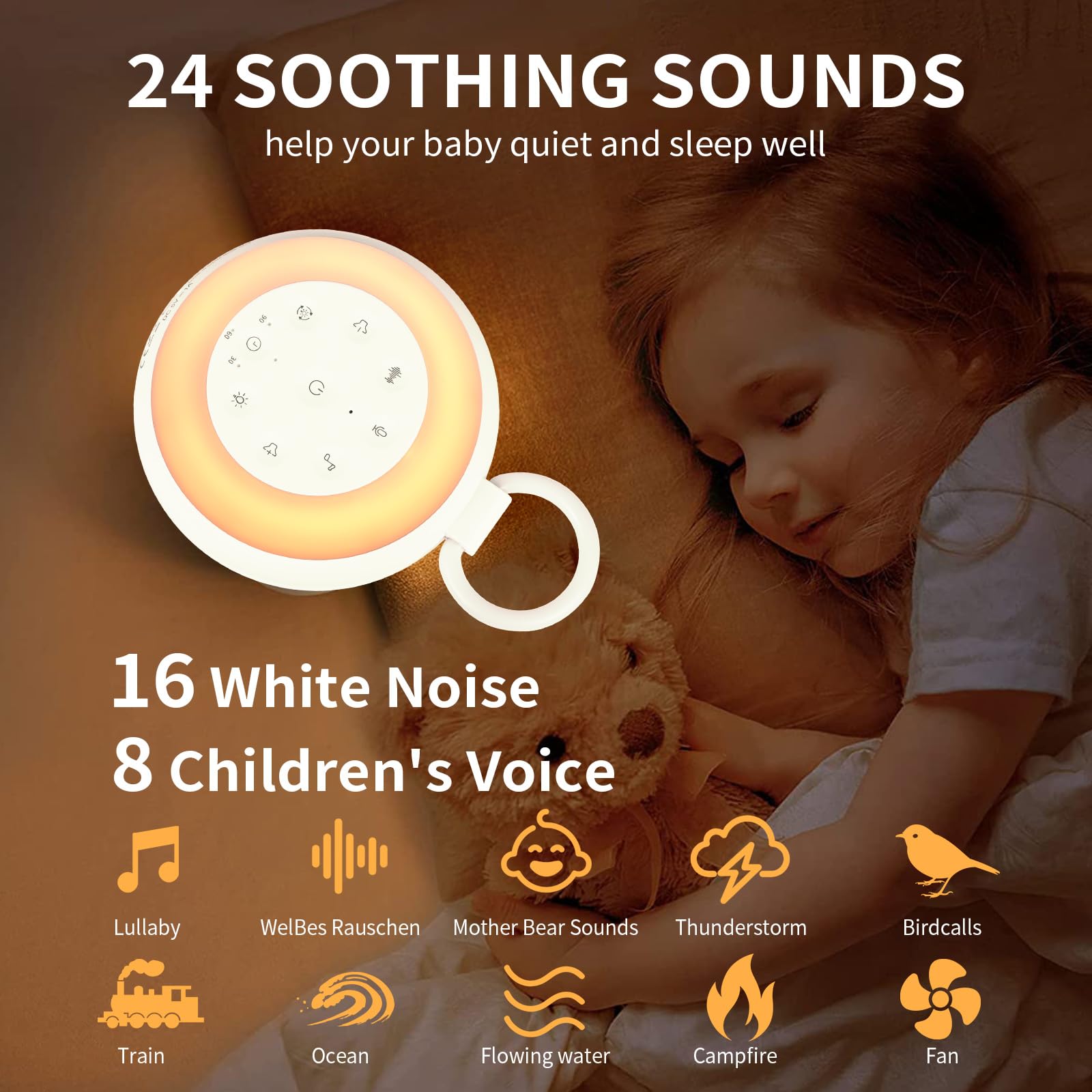 GuKKK Machine à Bruit Blanc, Machine Bruit Blanc Bébé, 24 Sons Apaisants Musicaux avec 7 Couleurs Veilleuse, Aide au Sommeil de Bébé, Minuterie et Mémoire, White Noise Machine pour Adulte