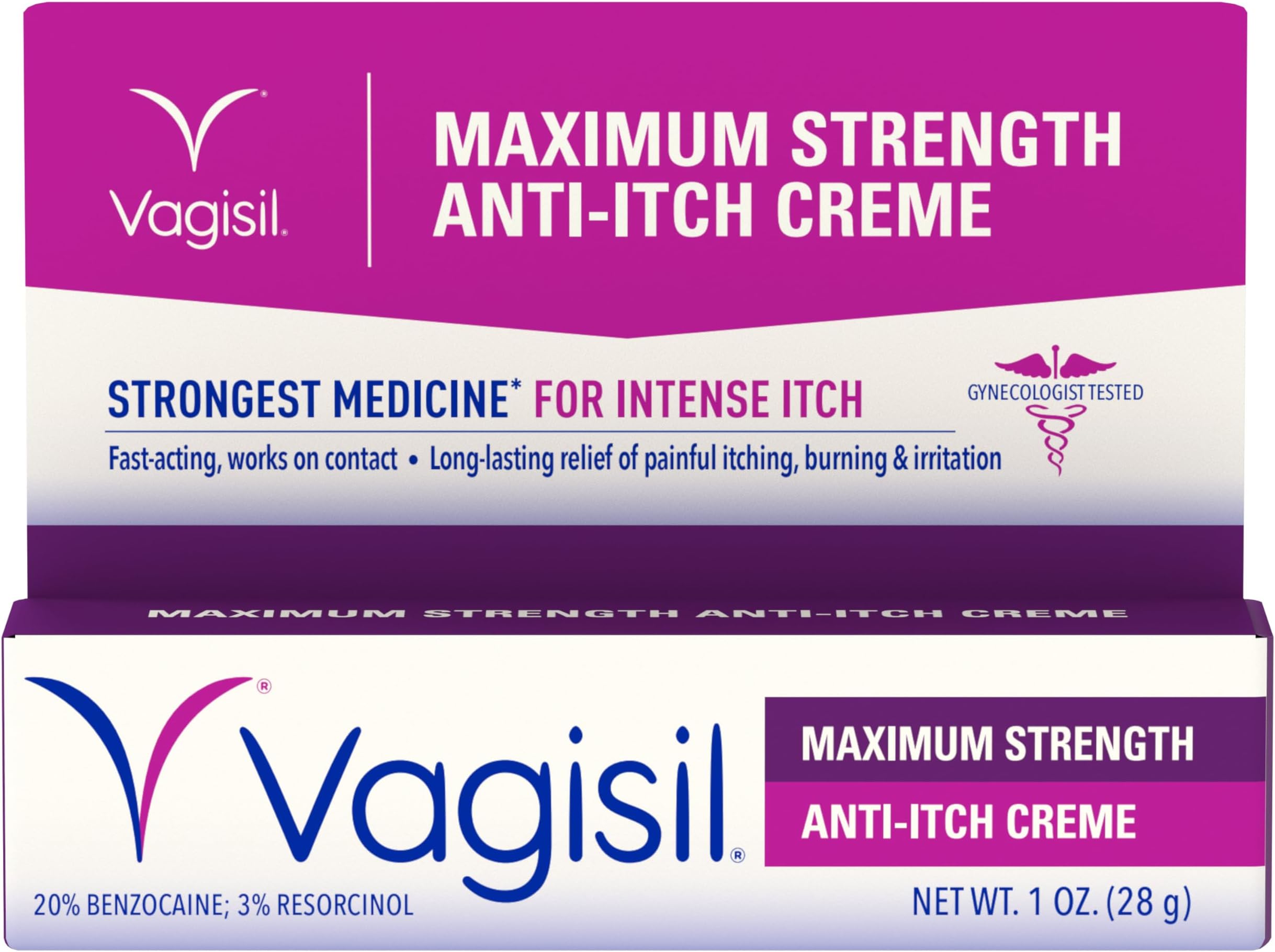 Maximum Strength Feminine Anti-Itch Cream with Benzocaine for Women, Helps Relieve Yeast Infection Irritation, Gynecologist Tested, Fast-Acting, Soothes and Cools Skin, 1 oz
