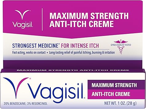Vagisil Maximum Strength Feminine Anti-Itch Cream with Benzocaine for Women, Helps Relieve Yeast Infection Irritation, Gynecologist Tested, Fast-Acting, Soothes and Cools Skin, 1 oz