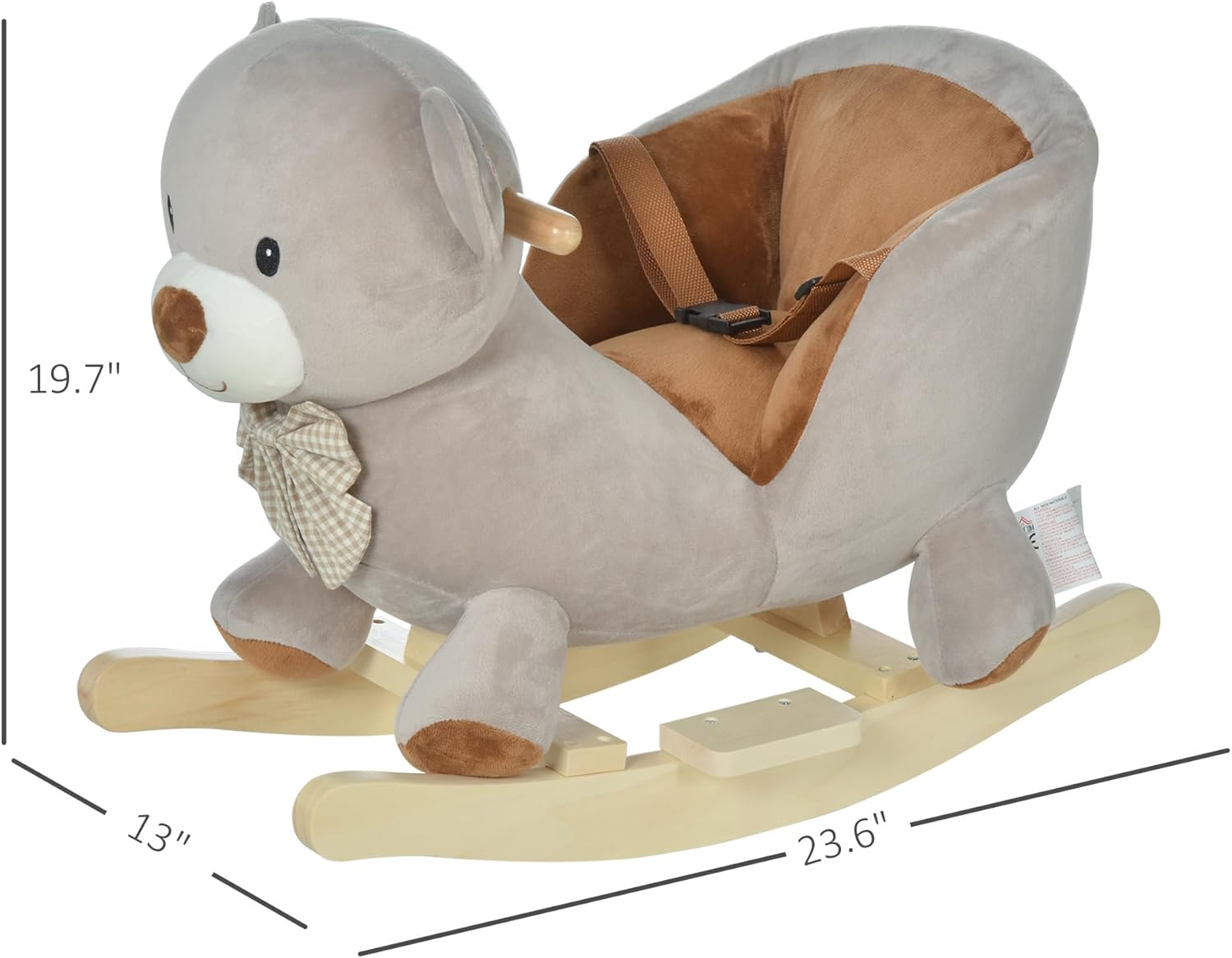 Qaba Kids Rocking Horse, Bear-Shaped Plush Toddler Ride on Horse with Sound, Wooden Base & Safety Belt for 18-36 Months, Gray