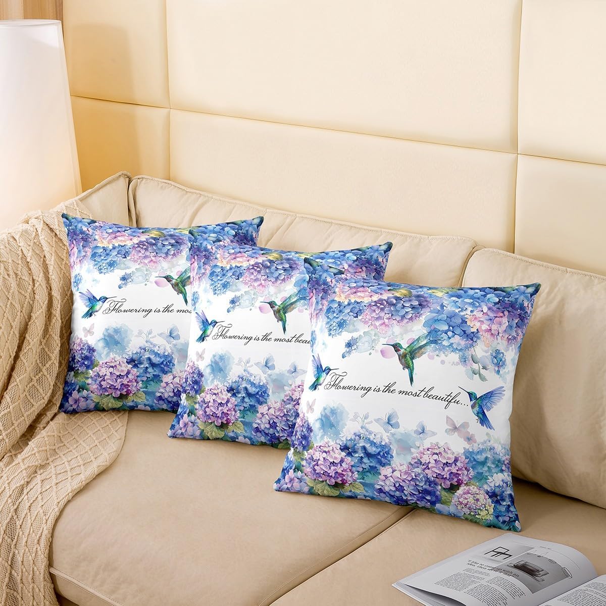 Erosebridal Hummingbird Cushion Cover 24x24 Butterfly Decorative Pillow Cover for Girls Woman Blue Pink Hydrangea Flowers Throw Pillow Cover Romantic Theme Spring Summer Pillow Cover