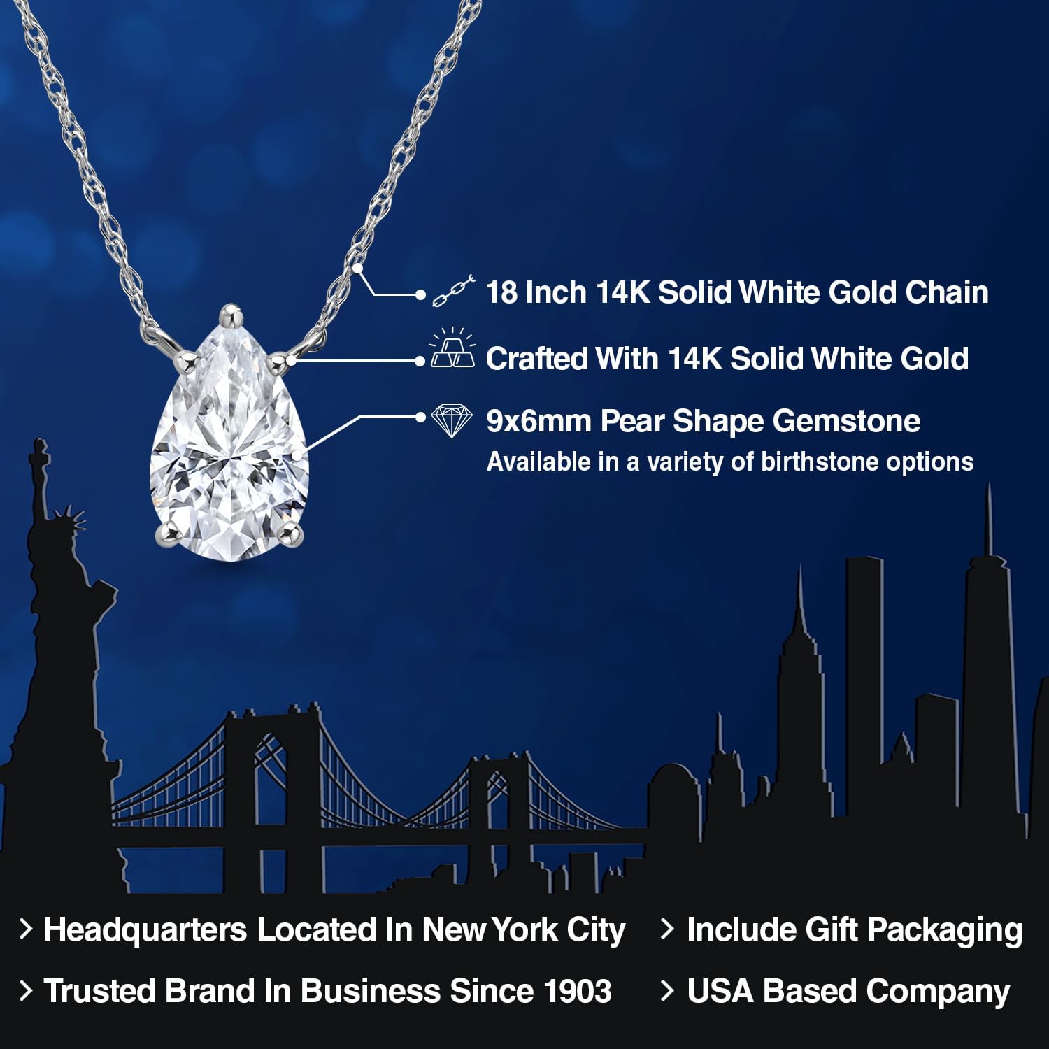 Gem Stone King 14K White Gold White Moissanite Pendant Necklace for Women | 1.32 Cttw | Gemstone Birthstone | Pear Shape 9X6MM | With 18 Inch Chain - Image 2