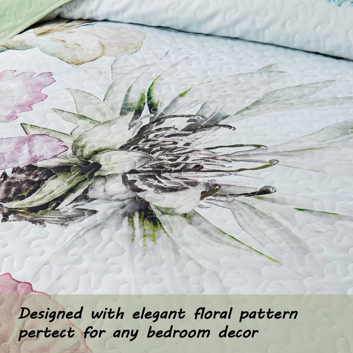 Yogeneg Full Queen Size Quilt Set, Elegant Floral Botanical Pattern Green Bedding Set,3 Piece Lightweight Soft Summer Bedspread Coverlet with 2 PIillow Sham for All Season(Green Floral,90"x96") - Image 4