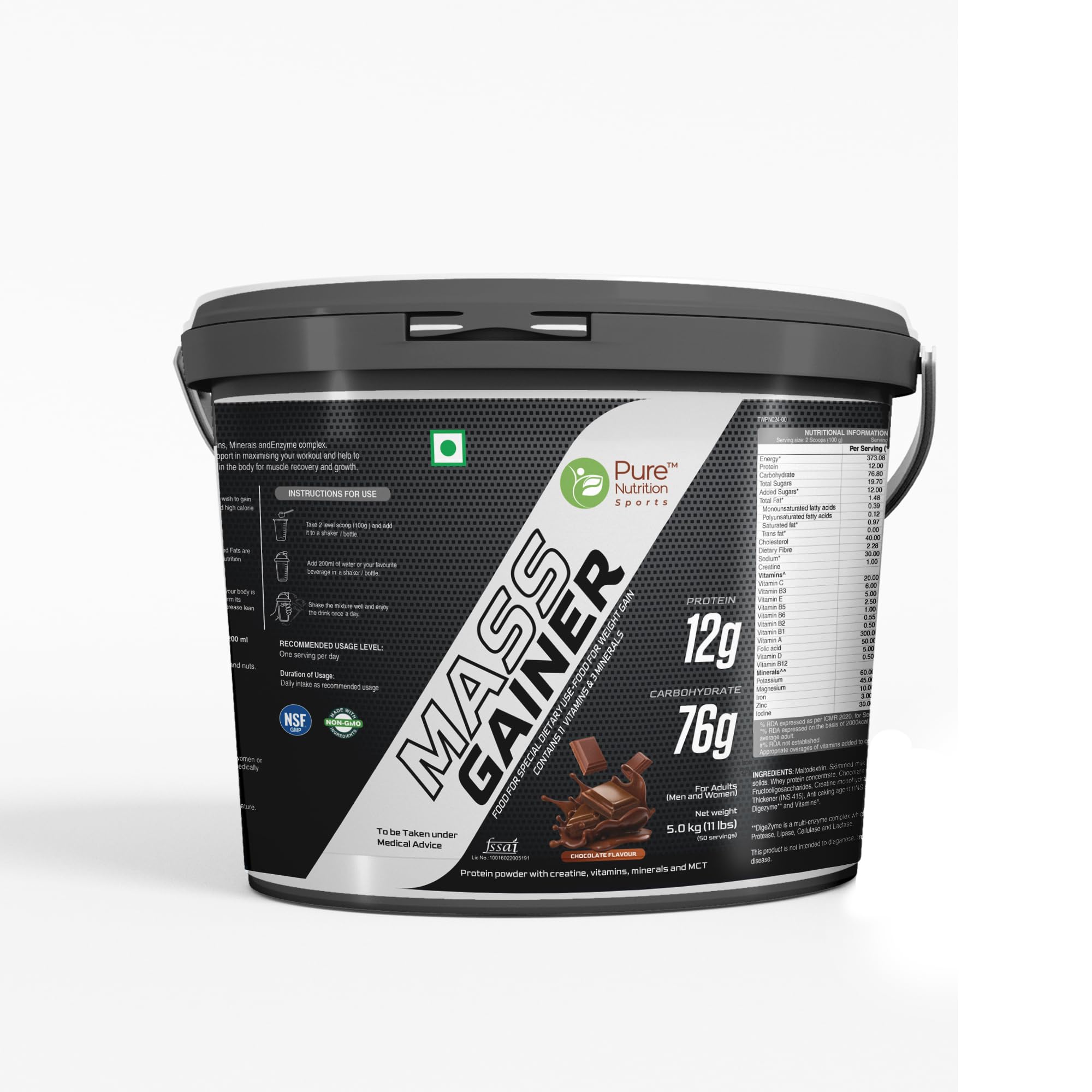 Pure Nutrition Sports Mass Gainer| Macronutrient blend with vitamins, minerals, Creatine Monohydrate, Digestive enzymes, and MCTs| CHOCOLATE 5 KG BUCKET-picture-11