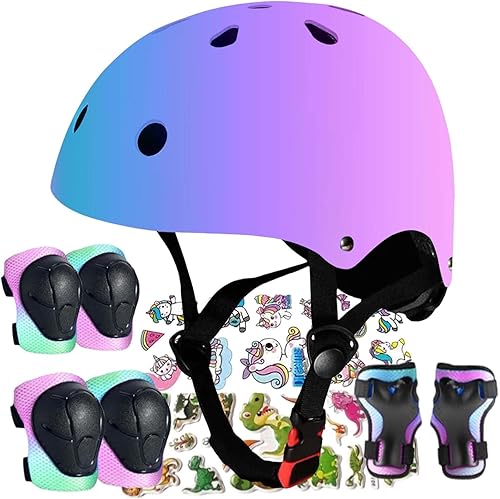 Miniatura 13 de Casco para niños, cascos de patineta para niños pequeños de 2 a 14 años, niños y niñas, con rodilleras y coderas, muñequeras, para patines