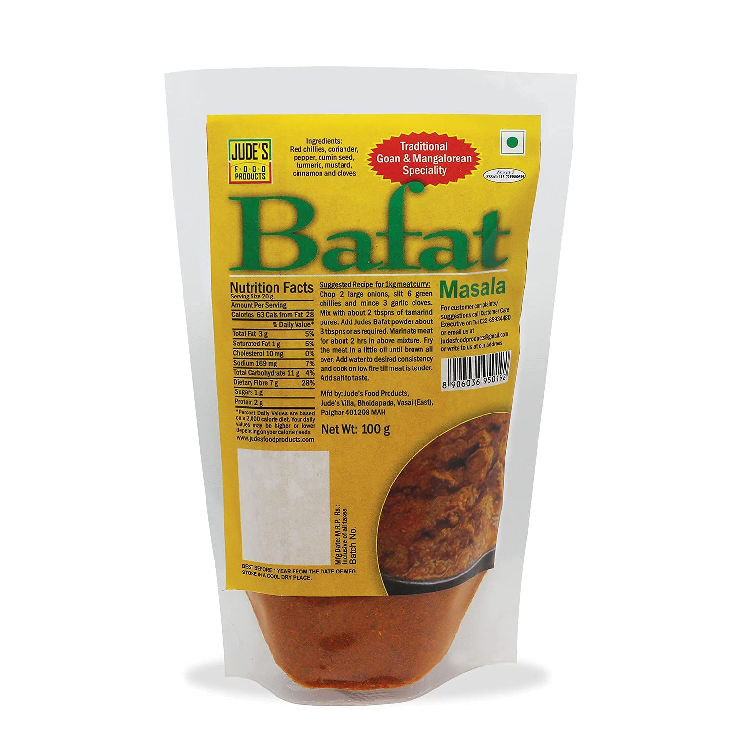 - Jude's Food Products Bafat Masala | Authentic, traditional Goan & Mangalorean recipe | Goan & Mangalorean Speciality |Ready to Use | Perfect for Cooking |No Added Colour, Flavours | For Fish, Prawns, Chicken, Meat, Vegetables | Spice Powder | 100 gms (Pack of 1)