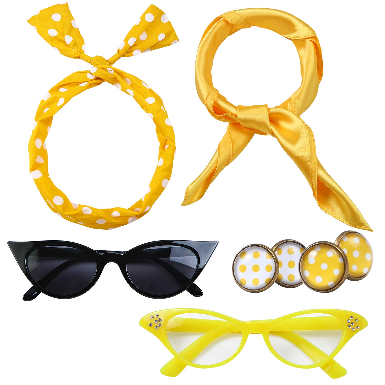 6 Pack 50s Set Chiffon Scarf Cat Eye Glasses Bandana Tie Headband Earrings