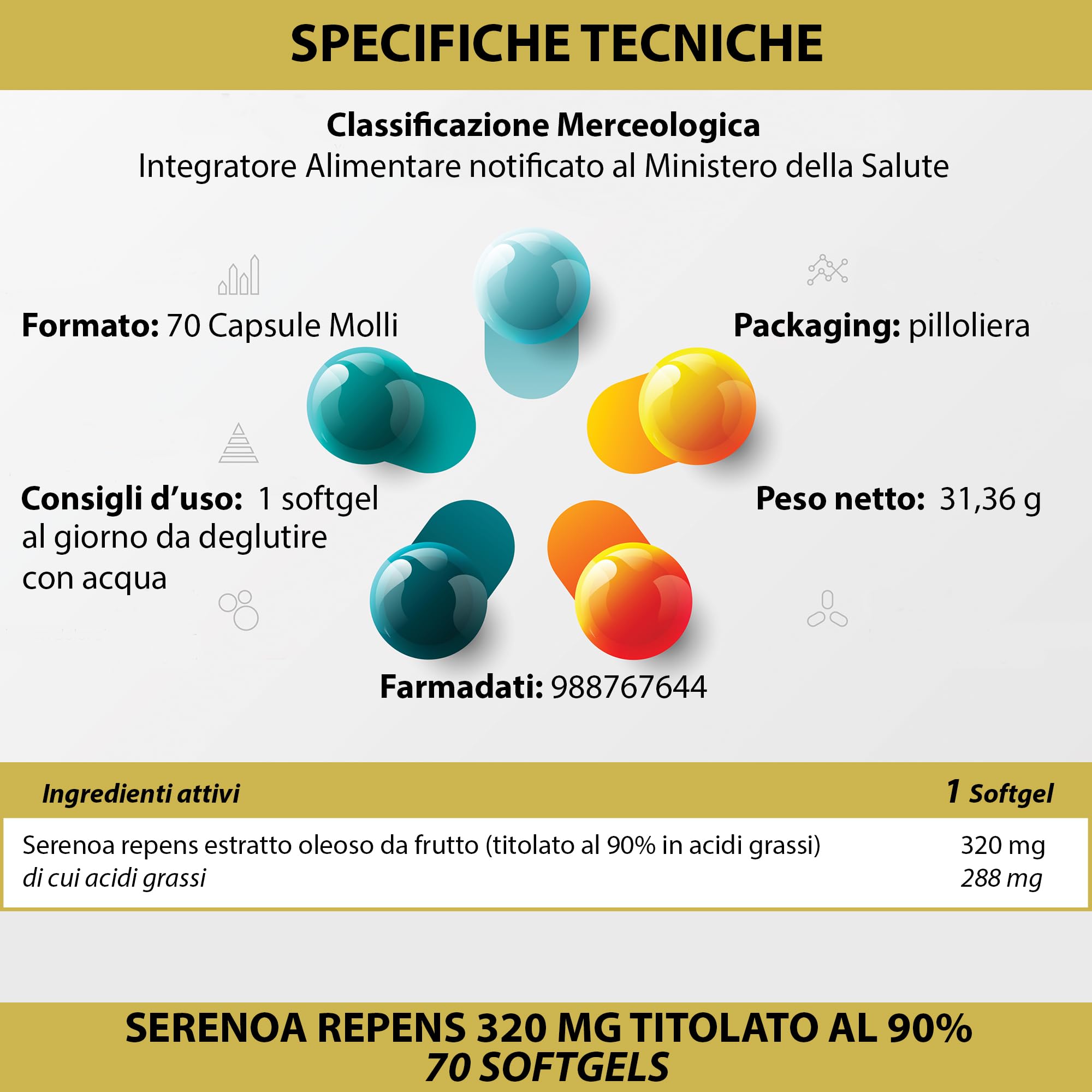 SERENOA REPENS 320 MG TITOLATO AL 90% | 70 SOFTGELS | CAPSULE MOLLI PER LA PROSTATA E PER LE VIE URINARIE | 1 PERLA AL GIORNO | LA BOTTEGA DEGLI INTEGRATORI (1 Confezione da 70)