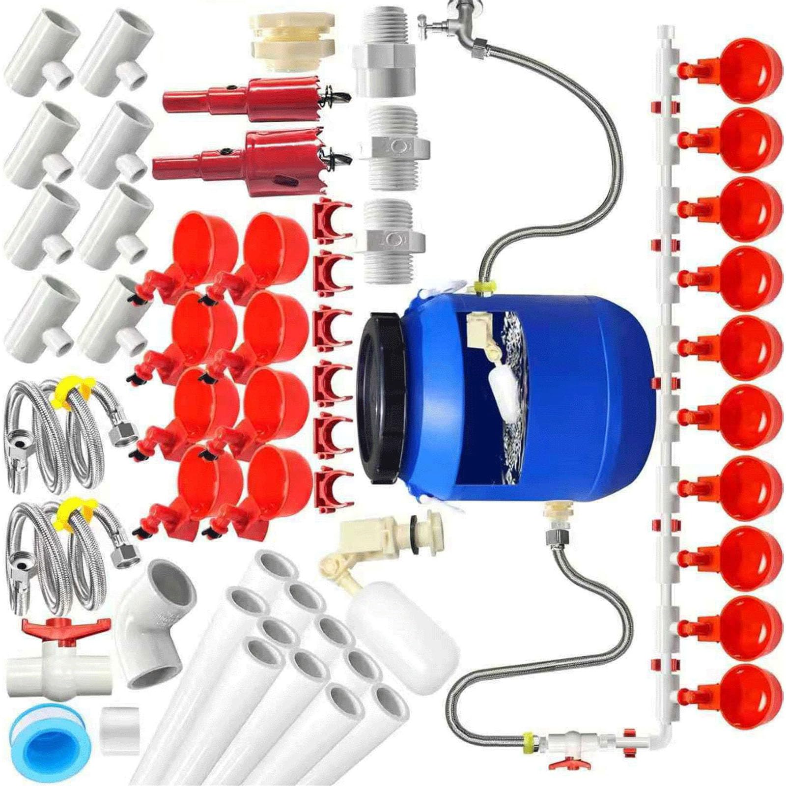 Set completo di attrezzature per l'irrigazione del pollame Alimentatore automatico della tazza del tubo del PVC 58PCS secchio Design Farm Pollame abbeveratoio
