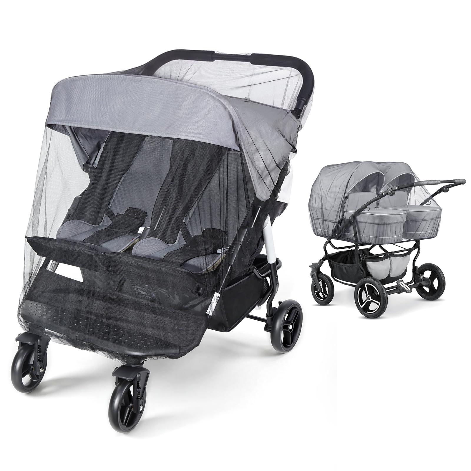 Orzbow Pram Mosquito Net for Double Strollers, Universal Twin Pushchair Breathable Mesh Cover, Tear-Resistant Polyester, Travel Accessories, Fit for Side-by-Side Seats, Easy to Install & Store, Black