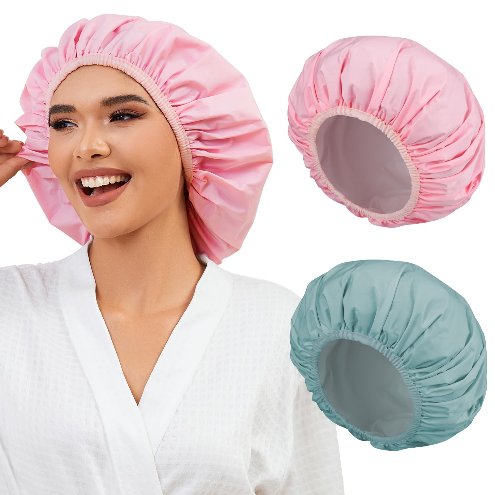 Photo 1 of 2 Pack Shower Caps for Women, Reusable Waterproof Shower Cap with Elastic Band, Thickened Waterproof Fabric Shower Bonnet for Braids, Long Hair