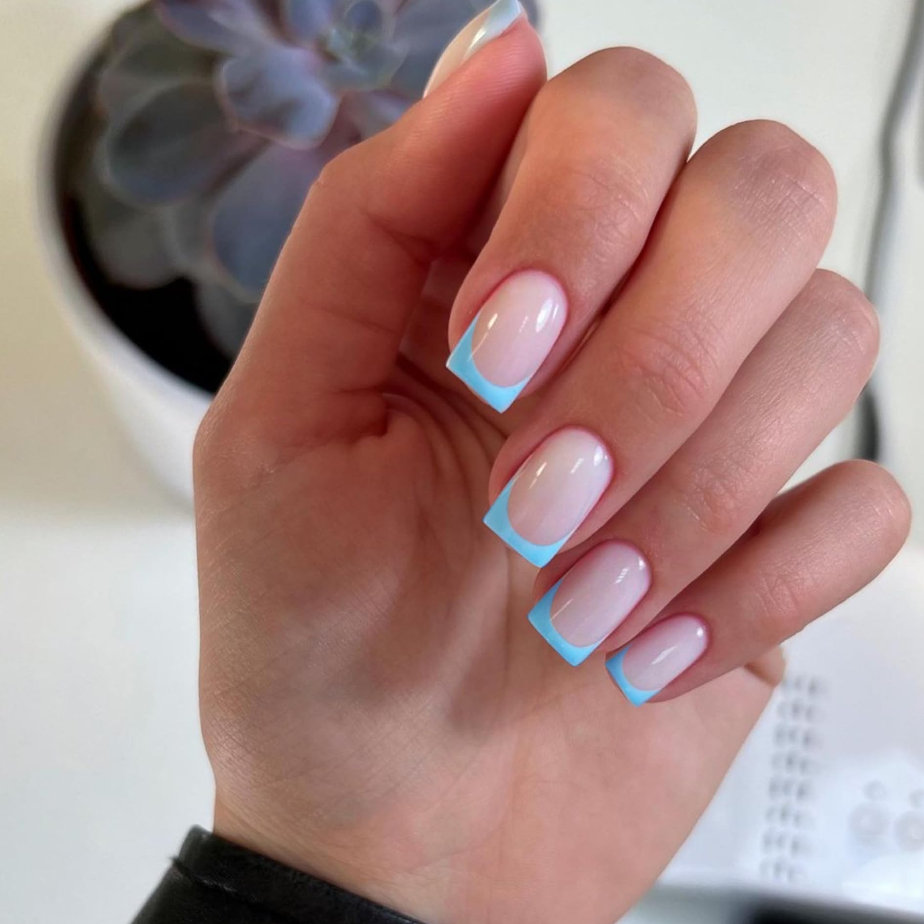 KQueenest 30 Pcs Baby Blue French Tip Press on Nails Short Square, French Tip False Nails Short Coffin - Image 2