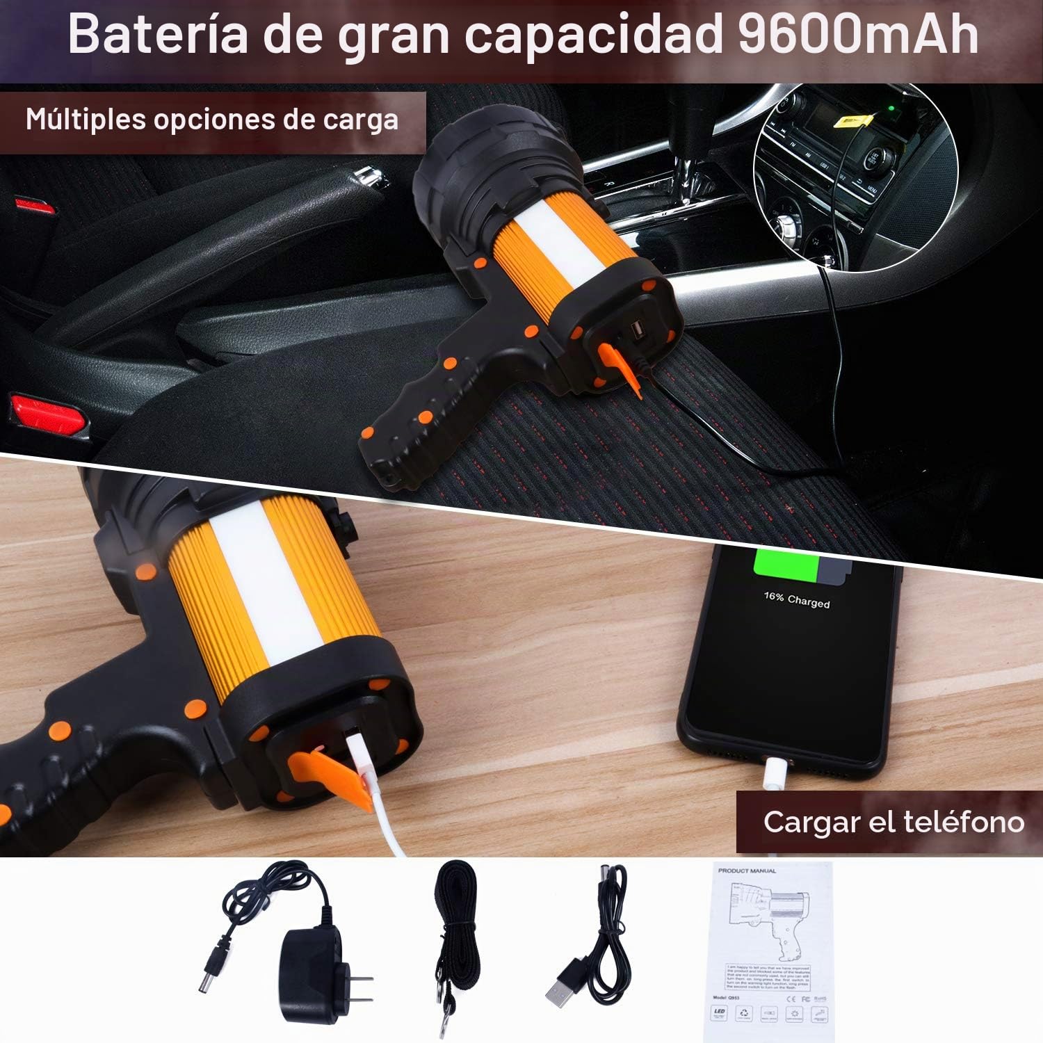 Linternas LED Alta Potencia, Linterna LED Recargable 12000LM 3 en 1 Súper Brillante 10800mAh IPX4 Impermeable Portátil Linterna Gran Alcance con 6 Modos de Iluminación para Camping Ciclismo Pesca