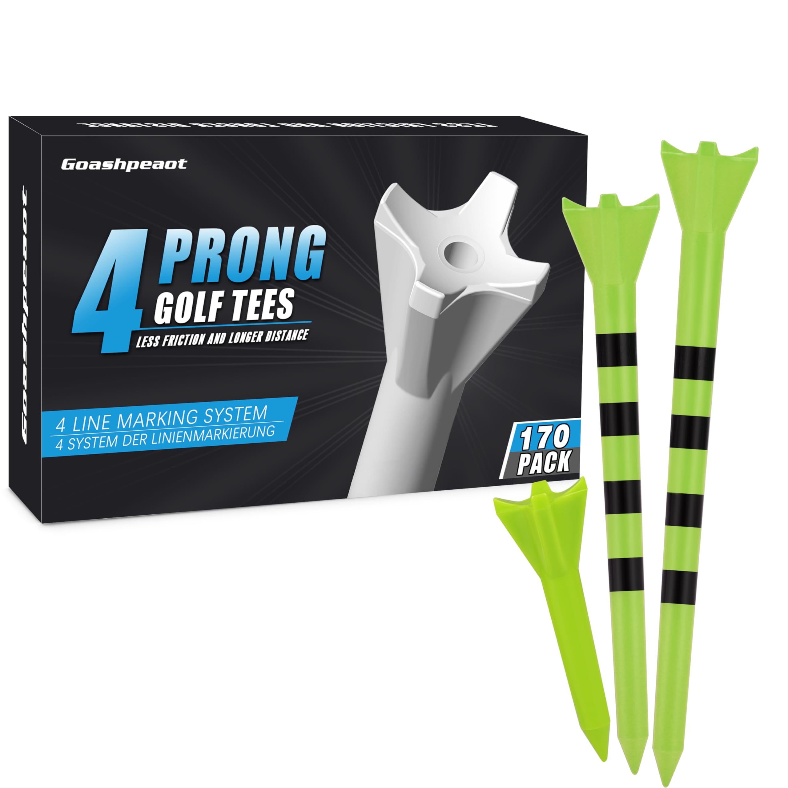 Pro Golf Tees 170 Stück – 4 Zinken reduzieren seitlichen Spin & geringe Reibung, 3 Größen (9,6 cm / 6,9 cm / 3,8 cm) Kunststoff-Golf-Tees für Fahrer/Eisen