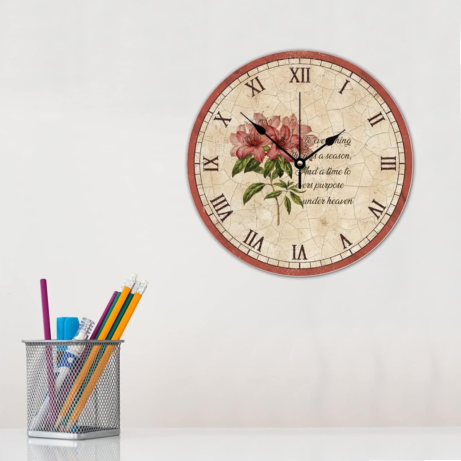 Silent Wall Clock Non-Ticking Sweep Movement Pink Lily Flower Country Wall Clocks Retro Wood Texture Artwork Wooden Wall Decor for Study Room Patio Pool 12 Inch