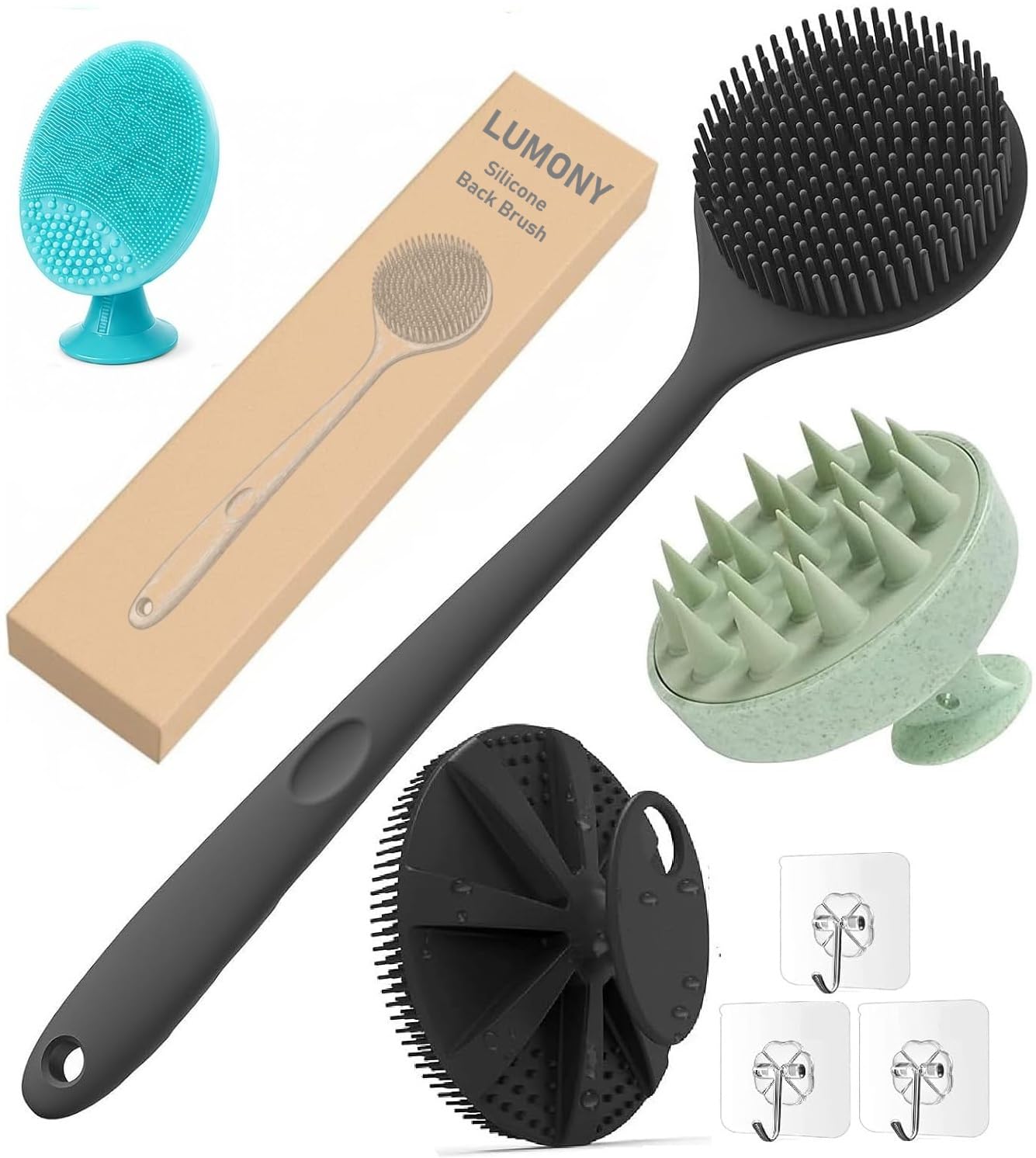 LUMONY® Soft Silicone Back Scrubber Long Handle Bath Brush + Body Scrubber Bath Brush + Scalp Massager for Hair + Face Scrubber Brush, Combination Combo, Super-Exfoliating & Lathering Body Scrubber, Shower Brush | BPA-Free | for Men and Women (With A Free Hook 3-pic)-picture-53