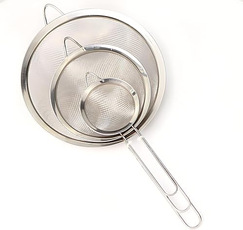 Juego de coladores de malla fina de acero inoxidable, 3 tamaños de coladores de cocina con asas, tamiz de harina apto para lavavajillas, lavadora de