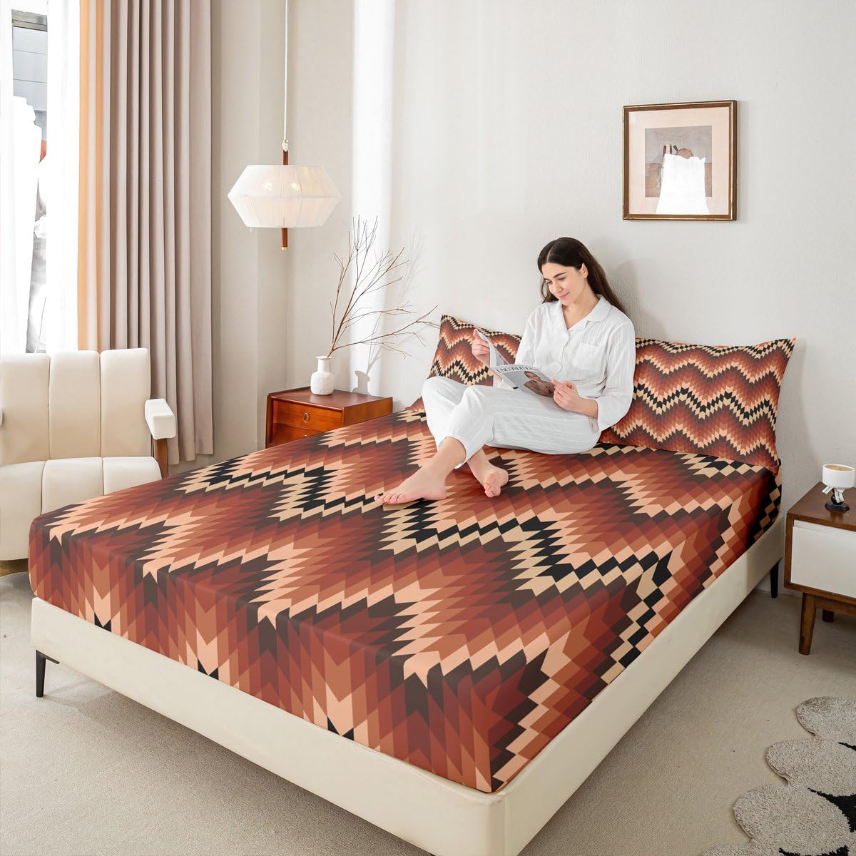 Erosebridal Aztec Native Fitted Sheet Exotic Brown Western Bed Sheets Full Tribal Geometric Southwestern Bedding Set for Women Men Adults Vintage Bohemian Stripes Bed Cover 3 Pcs