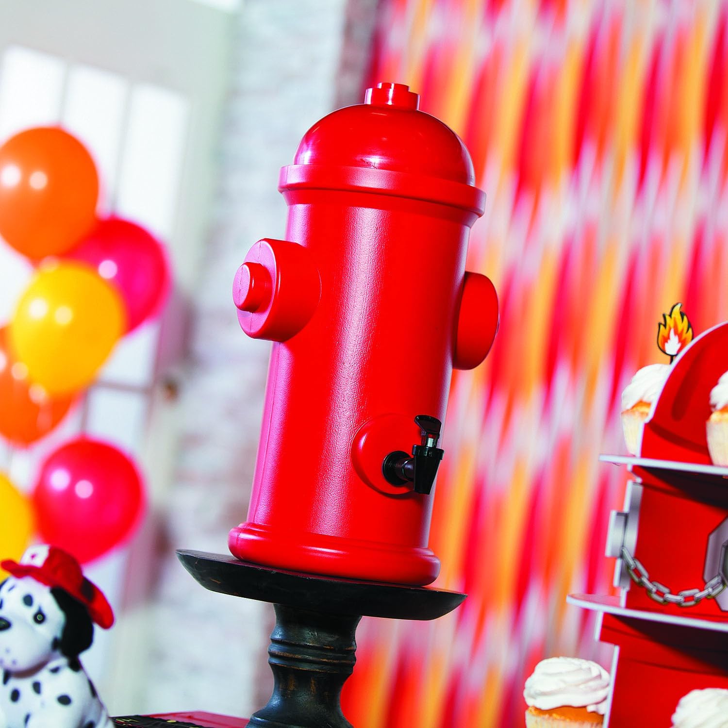 Fun Express Fire Hydrant Plastic Drink Dispenser 1.75 Gallon - Red Firefighter Party Decorations Beverage Container for Fire Truck Birthday Parties, School Events & Fundraisers | 17" Tall Design