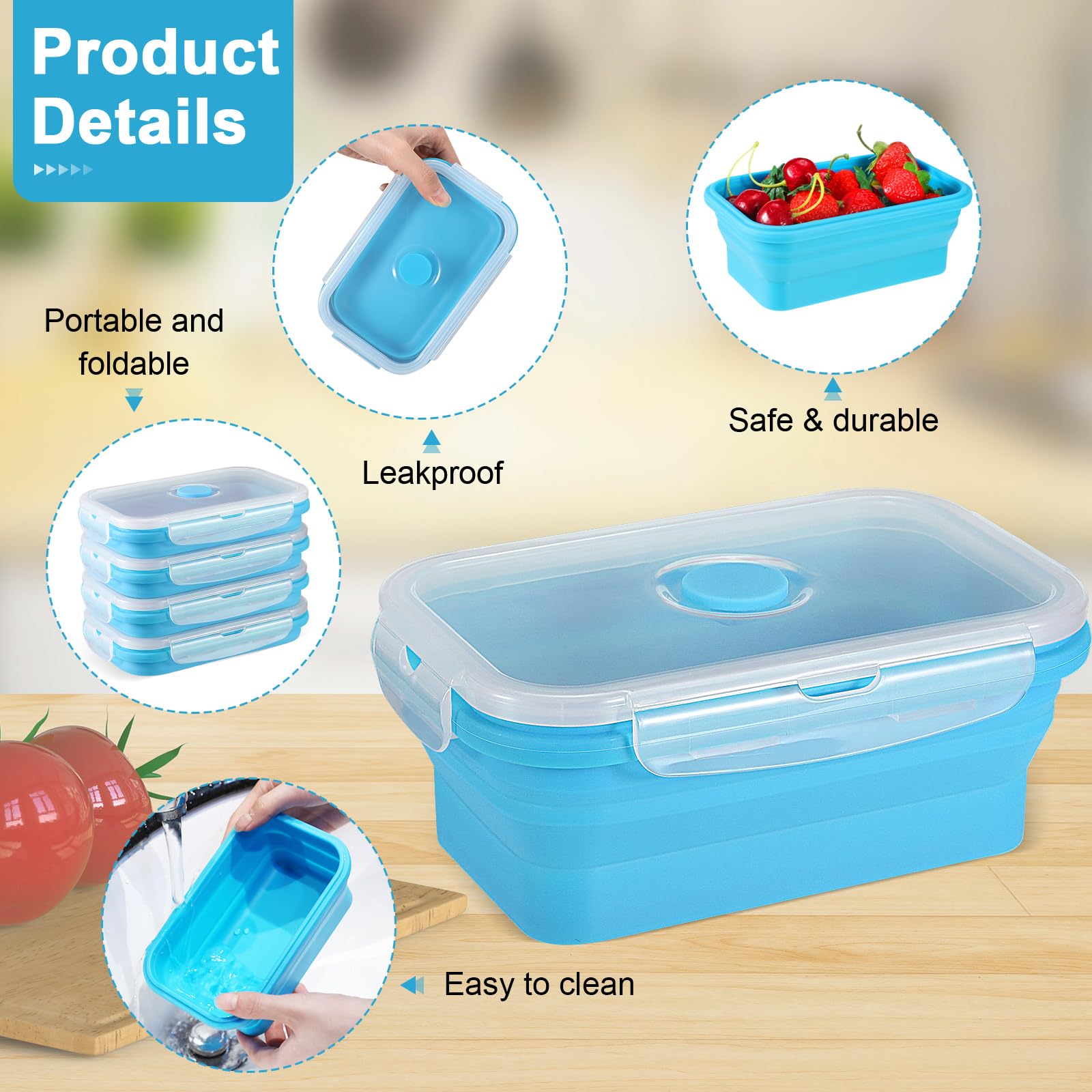 Mifoci Juego de 8 recipientes plegables de silicona para almacenamiento de alimentos, recipiente cuadrado con tapas de ventilación, apto para microondas, congelador y lavavajillas (azul)